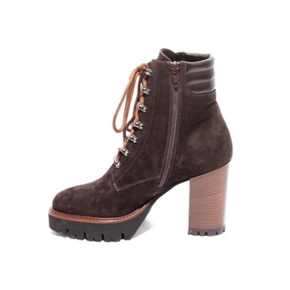 Italian Brown Suede Lace-Up Zip-Up Ankle Heel Boots - Picture 6 of 8